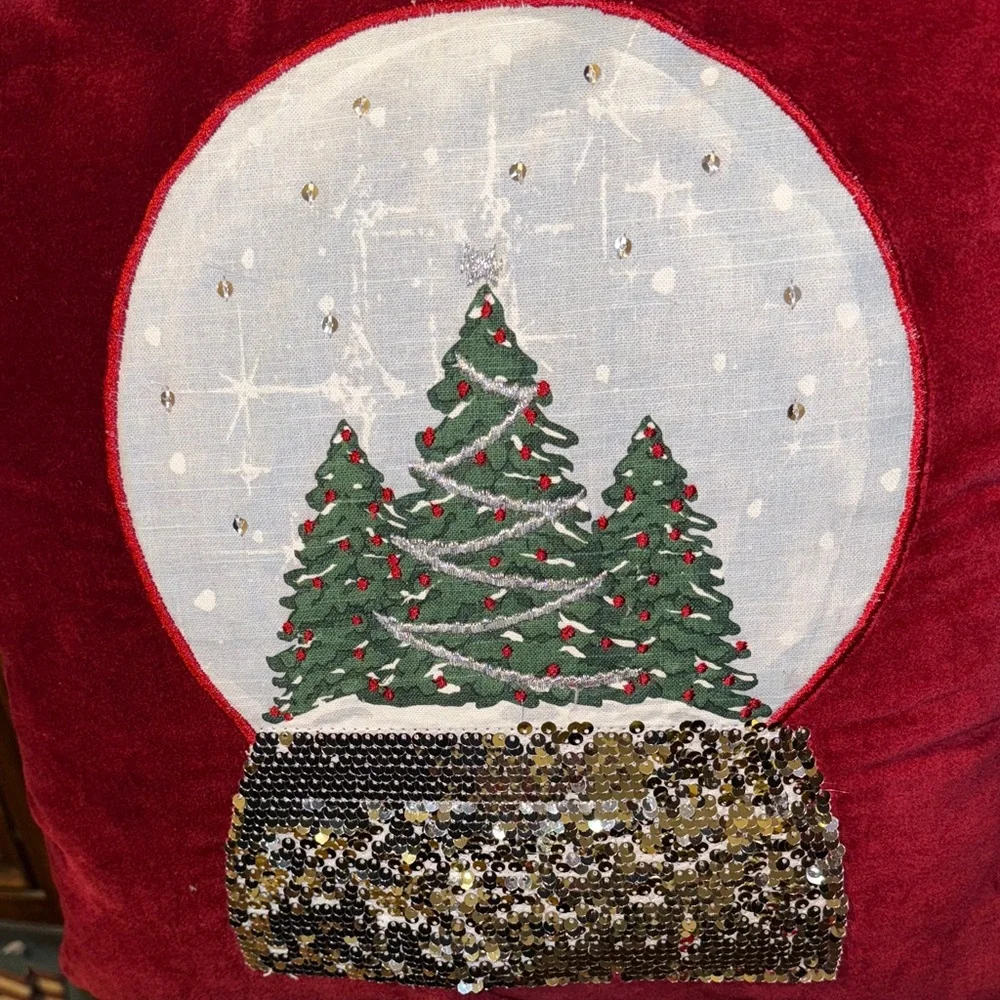 Festive Red Holiday Pillow with Sequin Snow Globe Design